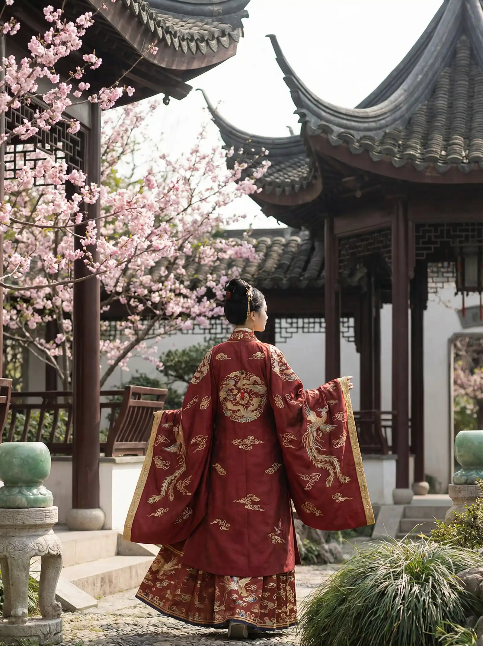 美女视频黄屏大全 明制汉服红色凤凰刺绣